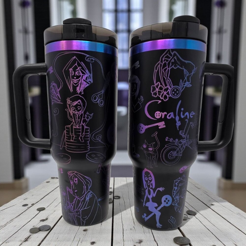 Gothic Coraline Inspired 40oz Insulated Tumbler – Laser Engraved Design - Picture 3 of 3